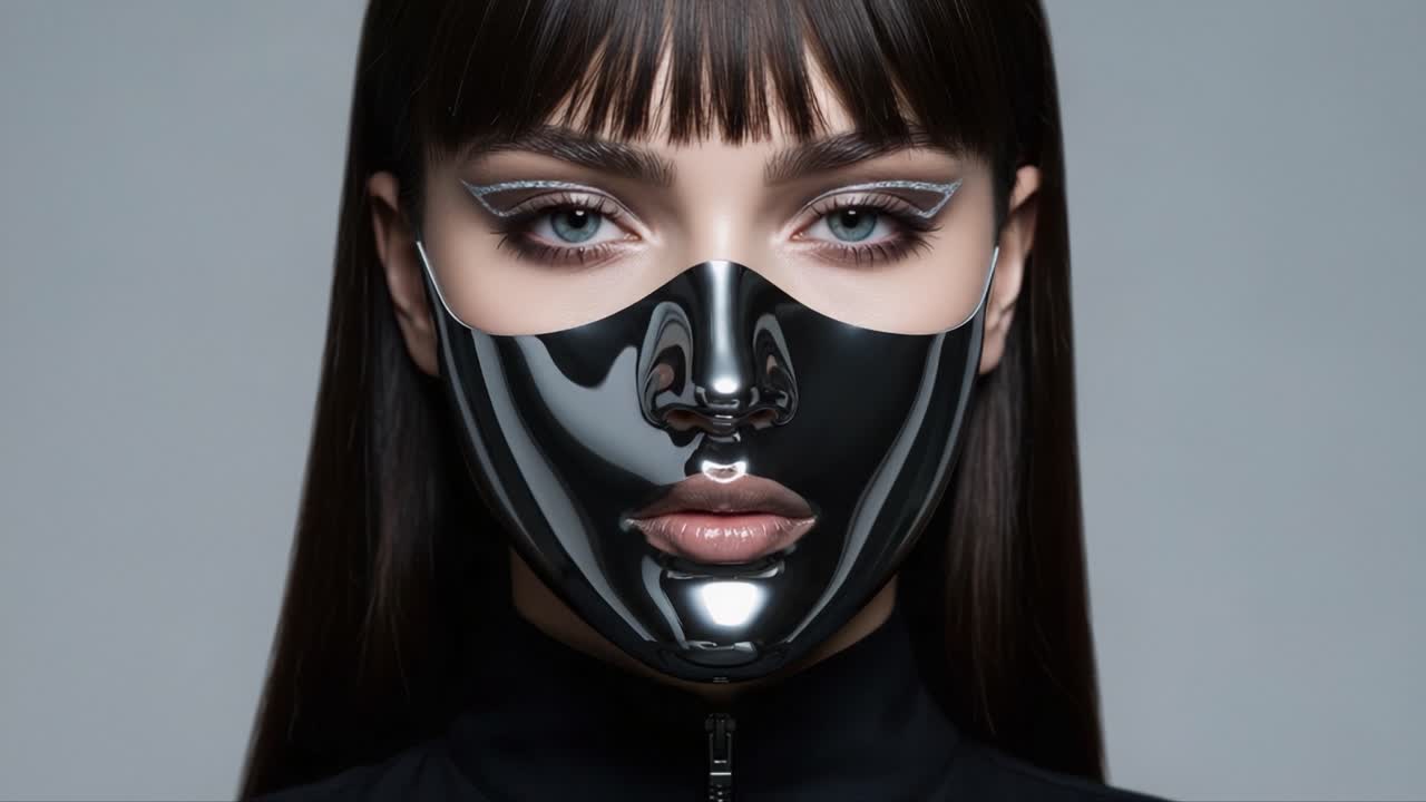 Futuristic Visage: An Artistic Representation of a Model Wearing a Shiny Metallic Face Mask Emphasizing Beauty and Innovation in Contemporary Fashion