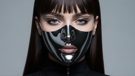 futuristic visage: an artistic representation of a model wearing a shiny metallic face mask emphasizing beauty and innovation in contemporary fashion