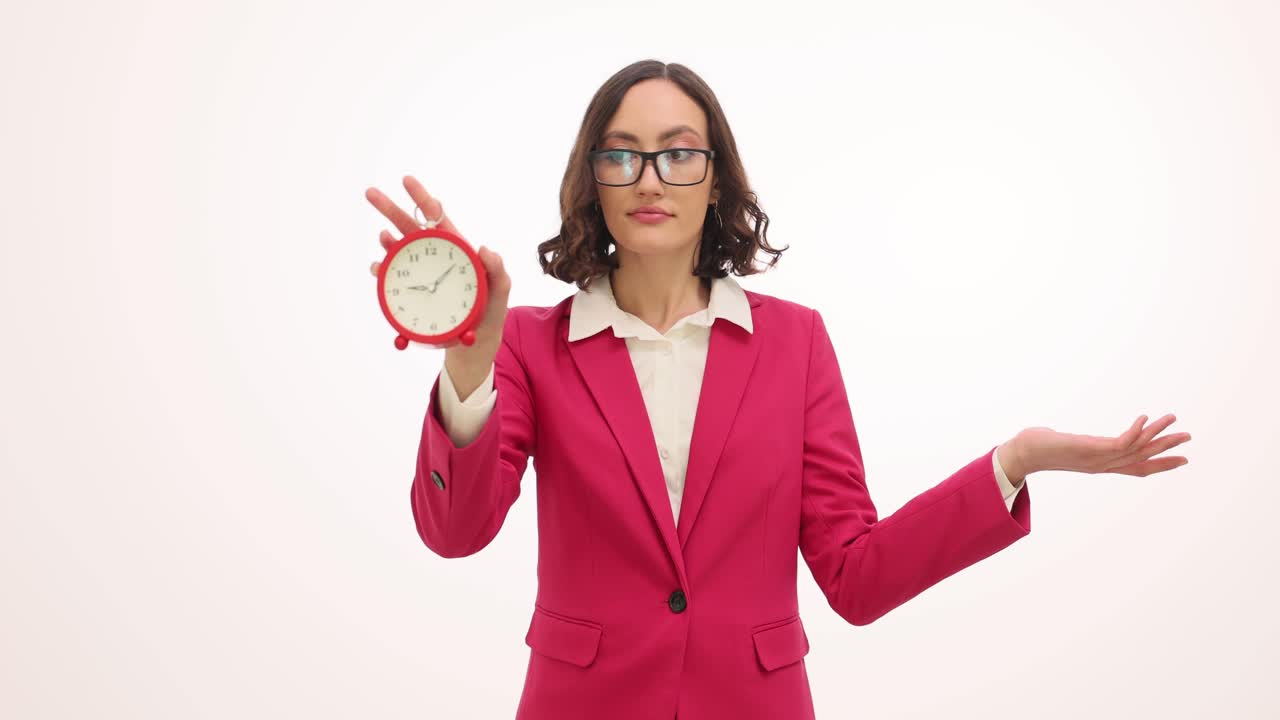 Woman holding a red alarm clock