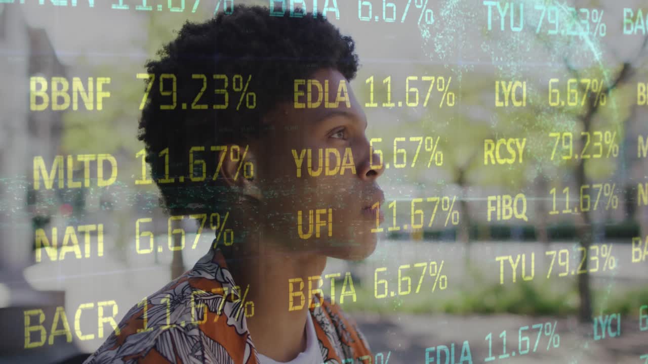 Animation of stock market data moving over african american man drinking coffee