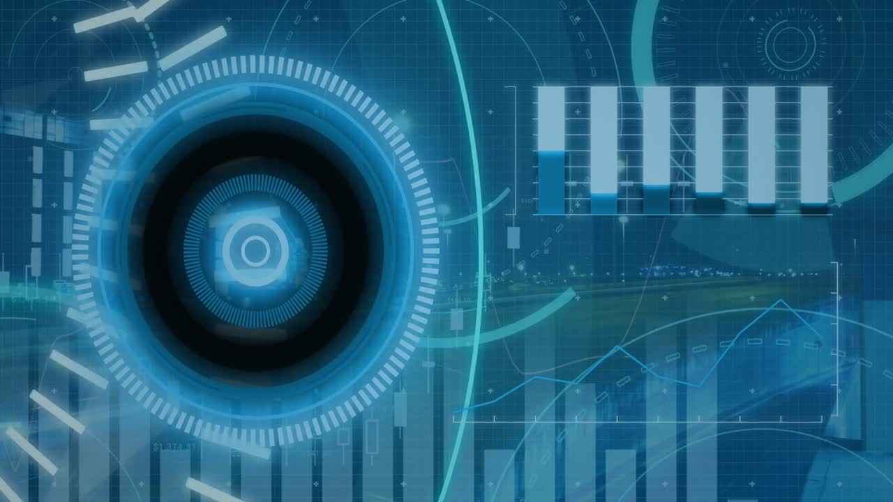 animación de texto 5g sobre escáner redondo y procesamiento de datos contra el tráfico nocturno de la ciudad.