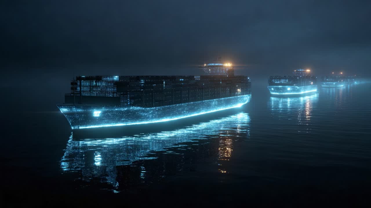 Glowing neon cargo container ships on a calm night sea, depicting autonomous global logistics and maritime technology driving futuristic freight, trade and supply chain networks