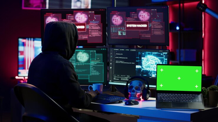 Hacker che sta sabotando il computer usando un ransomware trojan su un portatile con schermo verde