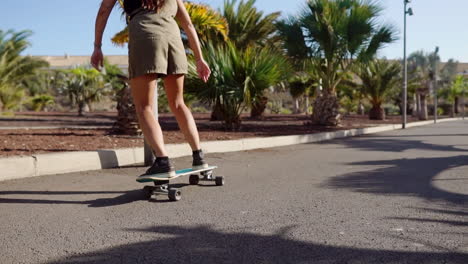 amidst the tranquility of palm trees and the beach, a young girl's longboard journey is showcased in slow motion, embodying both beauty and relaxation