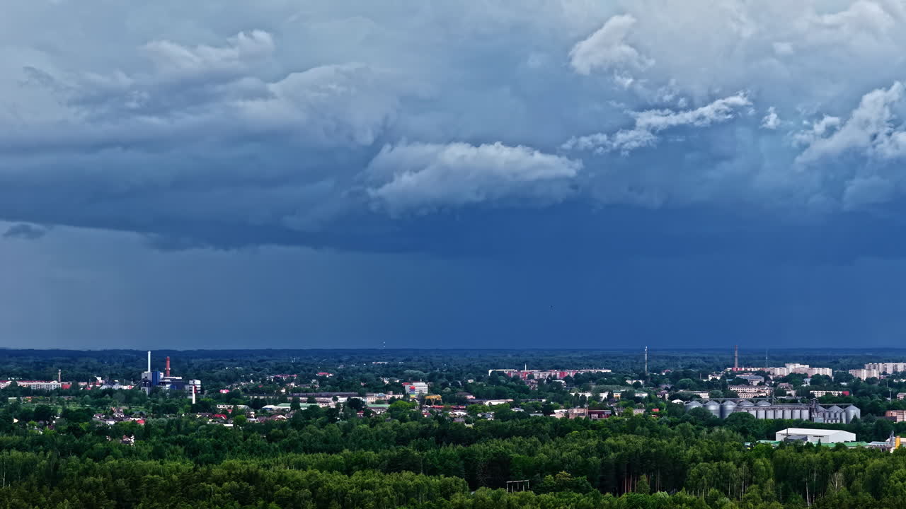 Storm clouds building above a city in fast motion hyperlapse aerial view
