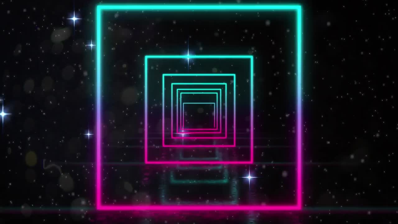 Animazione digitale di quadrati al neon colorati in movimento continuo e stelle scintillanti su sfondo nero