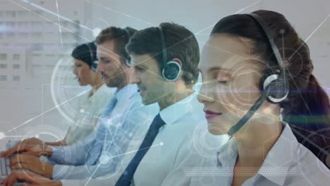 Animation-of-network-of-connections-over-business-people-using-phone-headsets