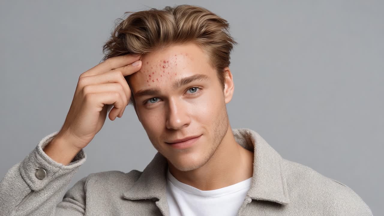 Uno sguardo ravvicinato alla consapevolezza della cura della pelle: un giovane riflette sull'acne e sulla fiducia in sé stesso in una sessione di ritratti riflessiva