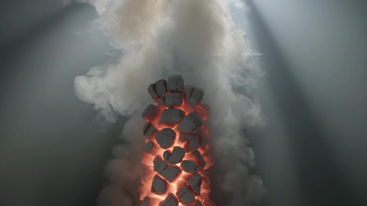 Braci ardenti che riscaldano una colonna di carbone impilato, rilasciando fumo denso in uno studio buio sotto fasci di luce.