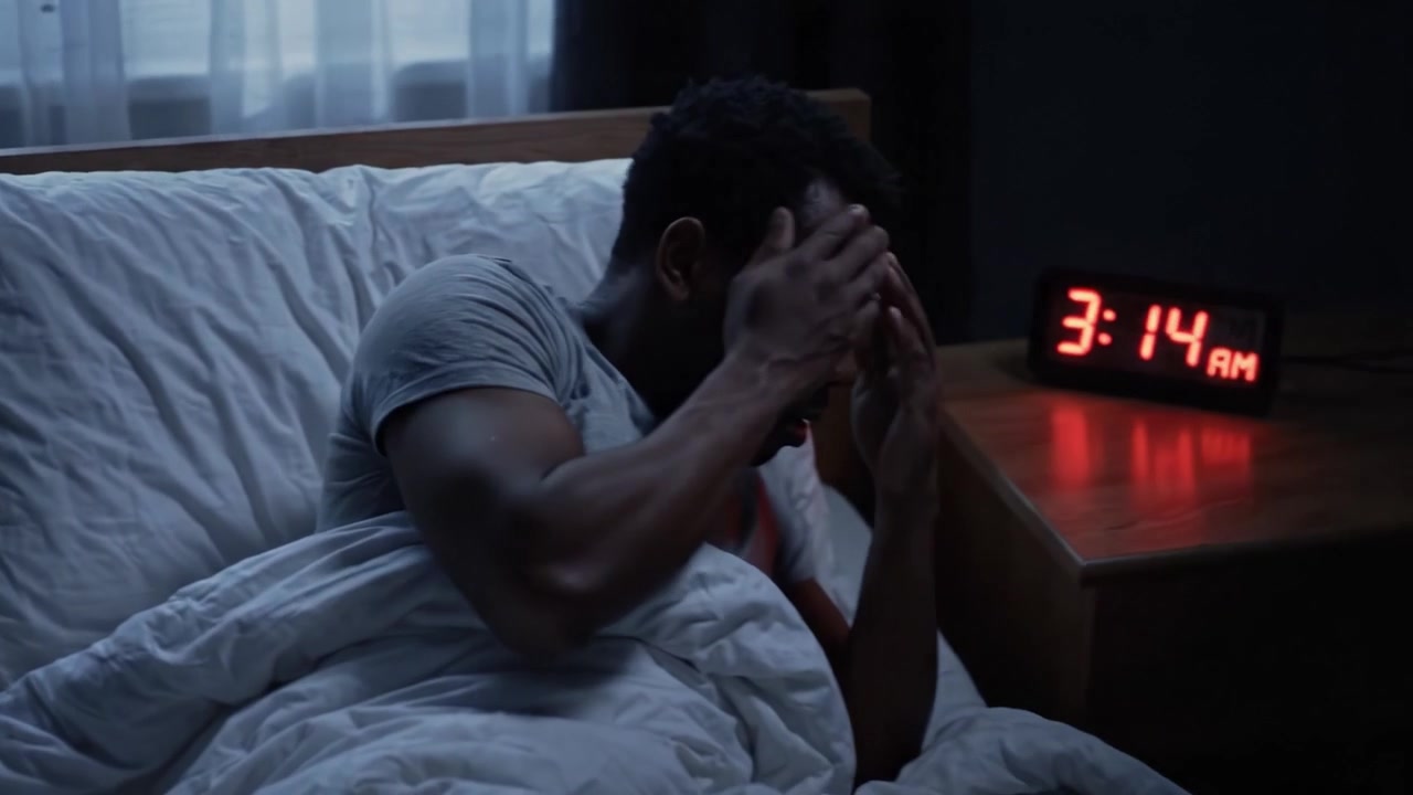 La lucha de un hombre contra el insomnio: Capturando el viaje desde la inquietud hasta un sueño reparador en la comodidad de su dormitorio a una hora temprana.
