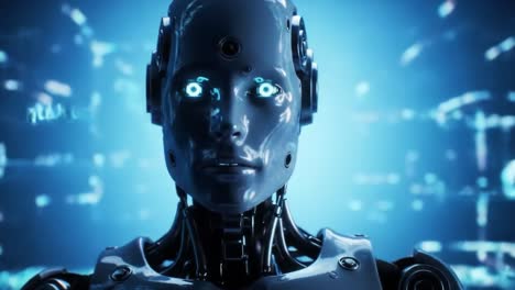 a futuristic robotic entity staring intently at the viewer, surrounded by a glowing digital environment and enigmatic codes, symbolizing advanced technology and artificial intelligence
