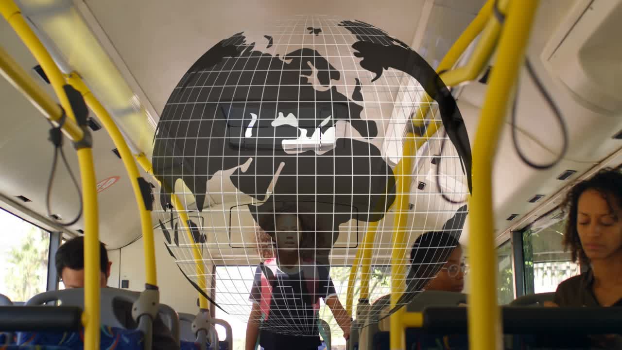 Teenage girl entering transit and walking to reach rail, globe overlay rotating around silhouette