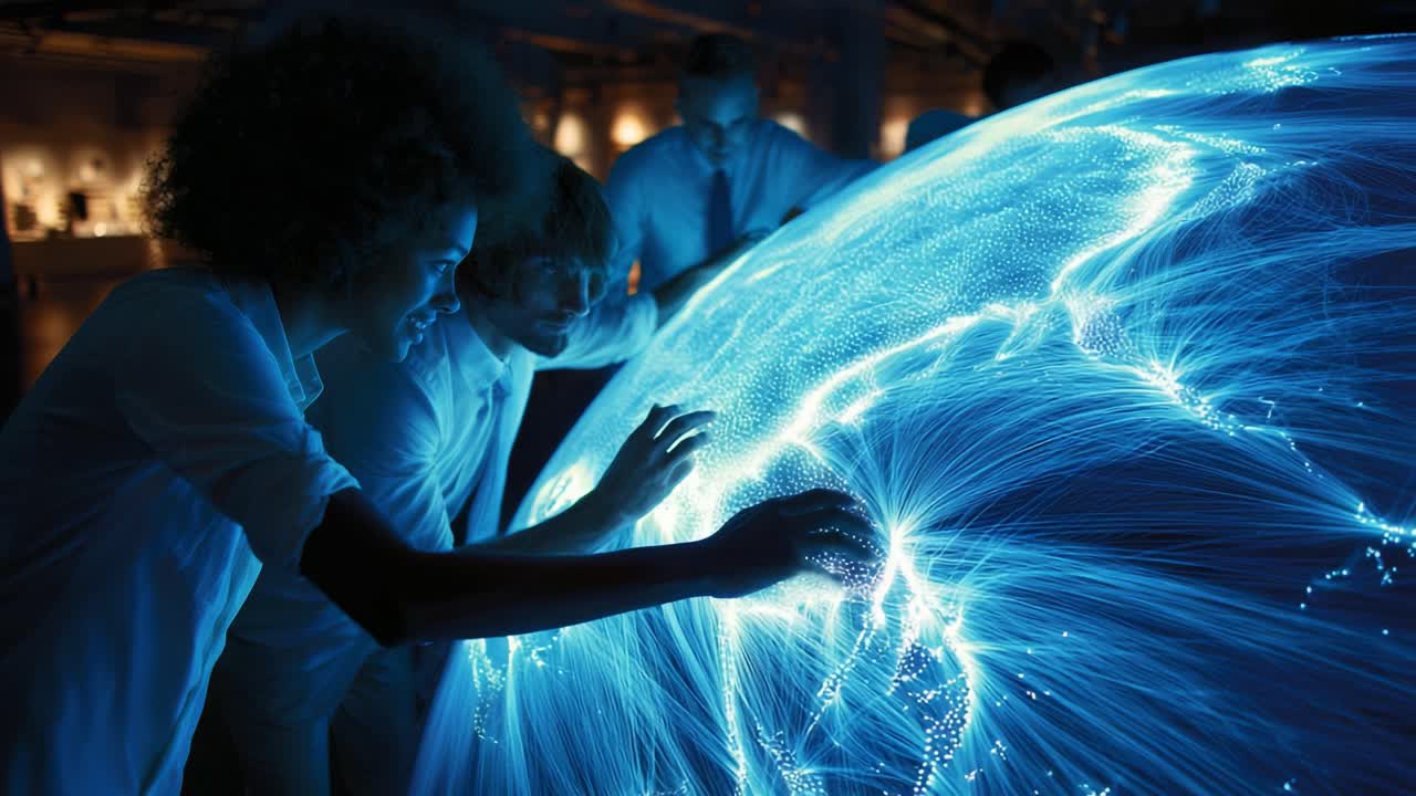 Esplorazione interattiva della visualizzazione dei dati: persone coinvolte che analizzano connessioni di rete luminose su una sfera high-tech, mostrando tecnologia innovativa e collaborazione