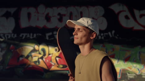 Casual-teenage-skater-walking-away-with-skate-board-on-shoulders-at-skatepark.