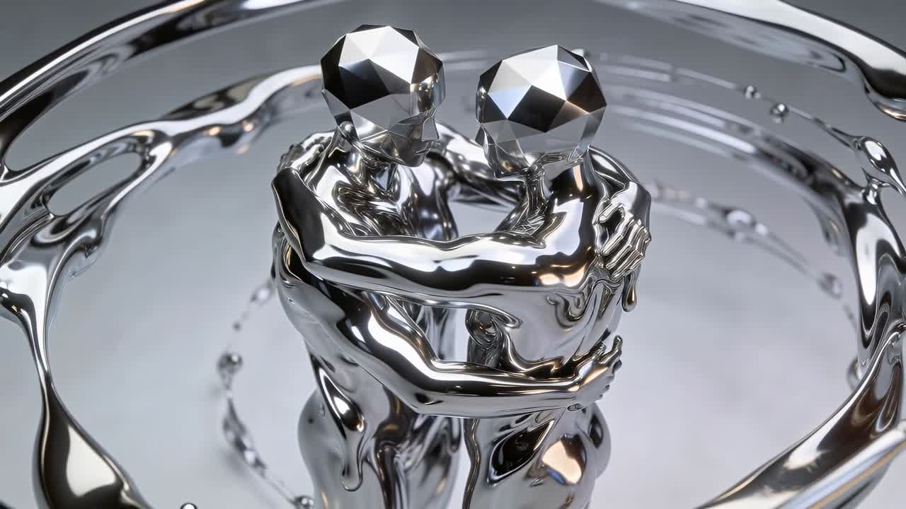 Vertical video: Two CGI forms emerging from mirror pool, holding embrace, bonding, rippling