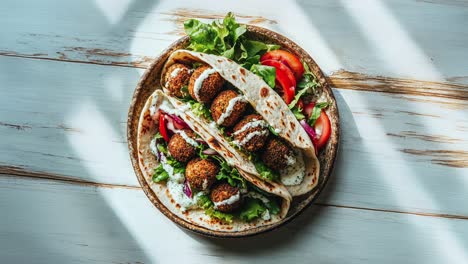 delicious falafel wrap with fresh vegetables and tahini sauce