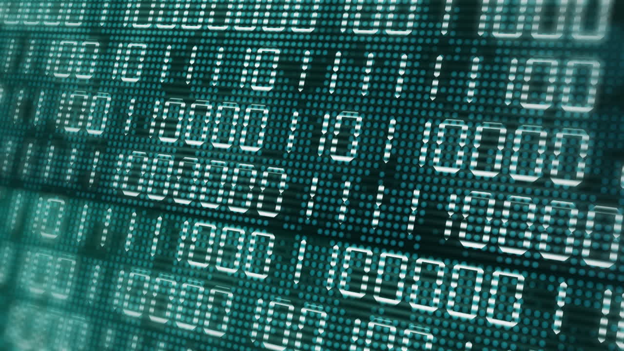 Electronic close up screen with changing binary code. Green computer display with flickering dots and pixels. Illumination of ones and zeros. Abstract animation with blurred background.