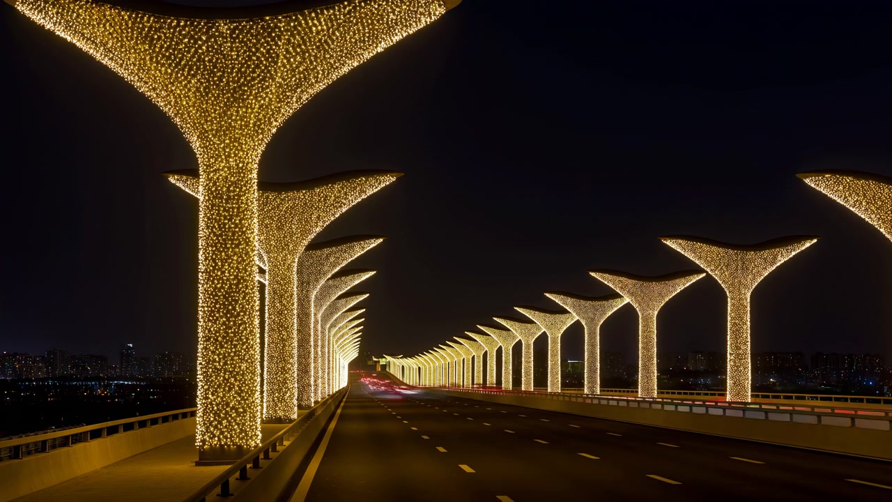 Wide nighttime view of a modern bridge with illuminated golden sculptural columns lining both sides of the roadway, receding into the distance beneath a dark