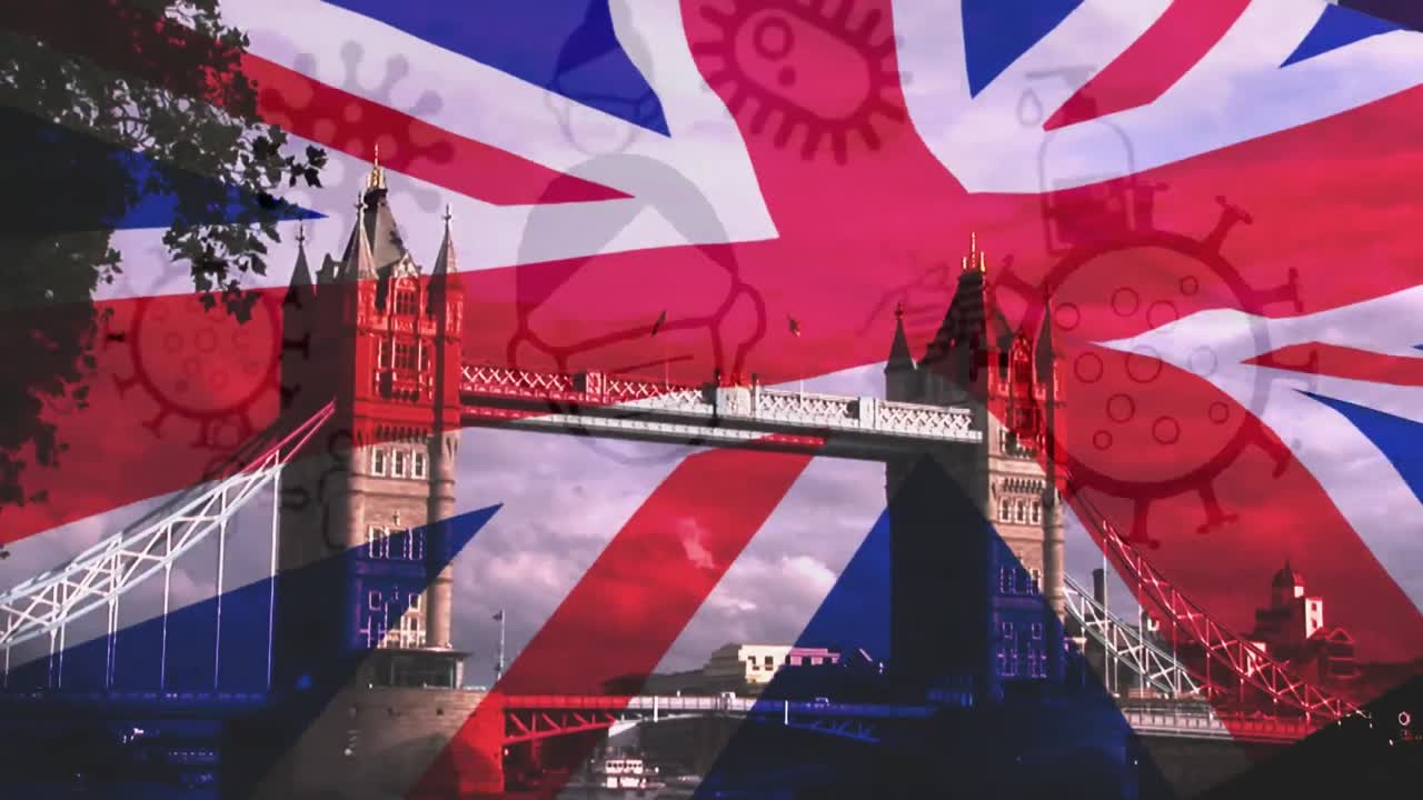 코로나바이러스 콘셉트 아이콘이 도시 풍경에 대해 영국 국기를 흔들고 있습니다.