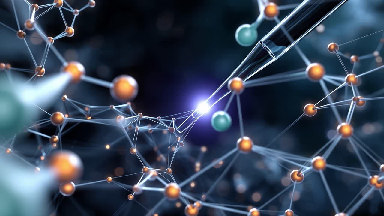 A Close-Up Perspective of a Precision Pipette Manipulating Molecular Structures in a Dynamic 3D Environment Highlighting Scientific Innovation and Exploration