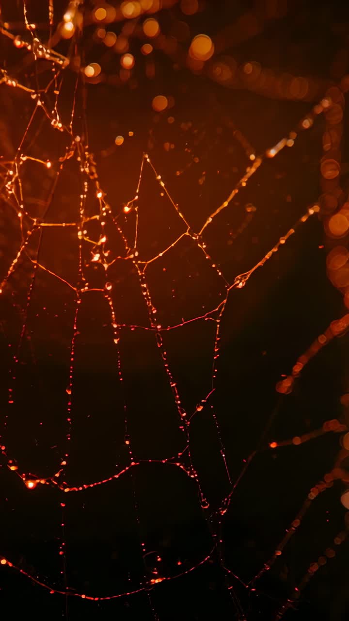 Vertical video: Shifting lens focus highlighting dew-laden spider web in garden, glowing bokeh
