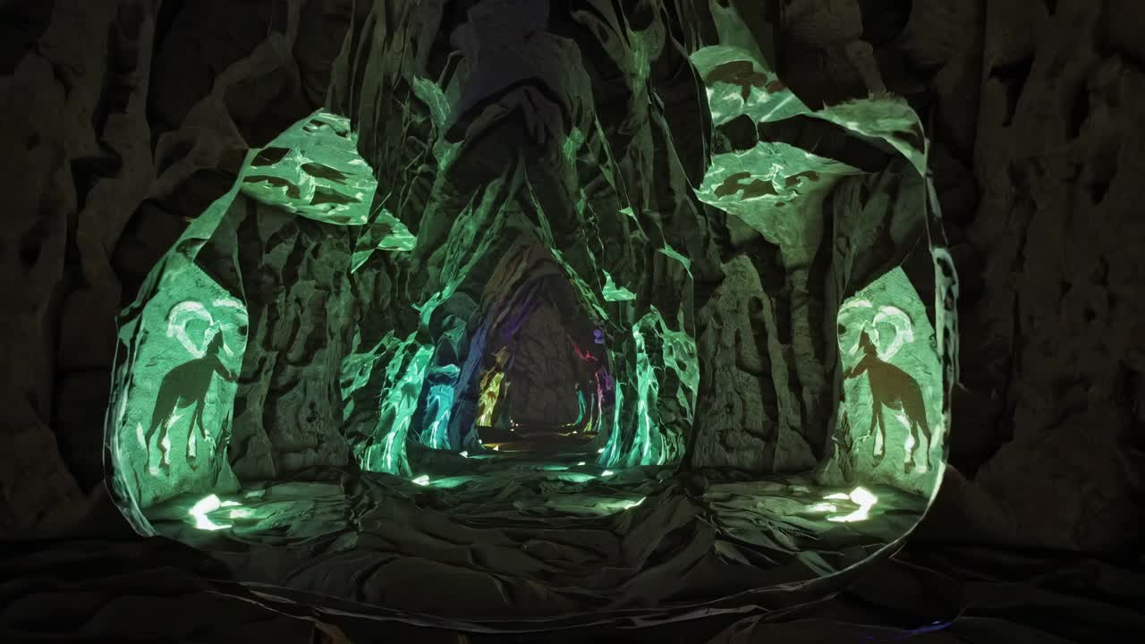 Passaggio misterioso in grotta rocciosa illuminata