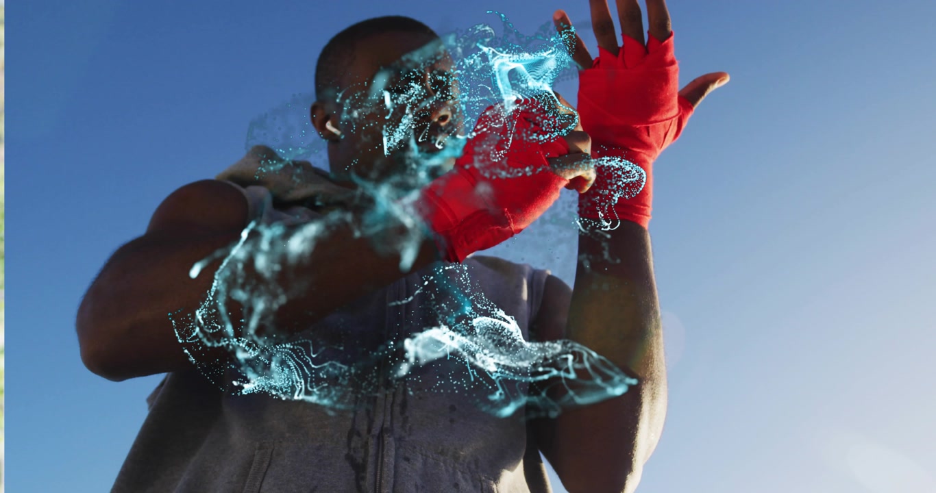 Male boxer grabbing red wrap then wrapping as animated tension meter displaying for sports training