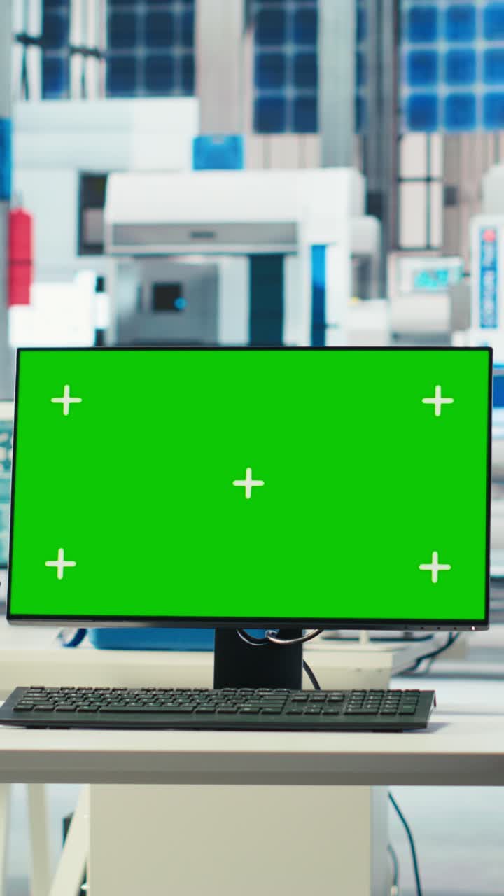 Video verticale: un PC per mockup in una fabbrica di produzione di pannelli solari vuota, utilizzato per ottimizzare i layout.