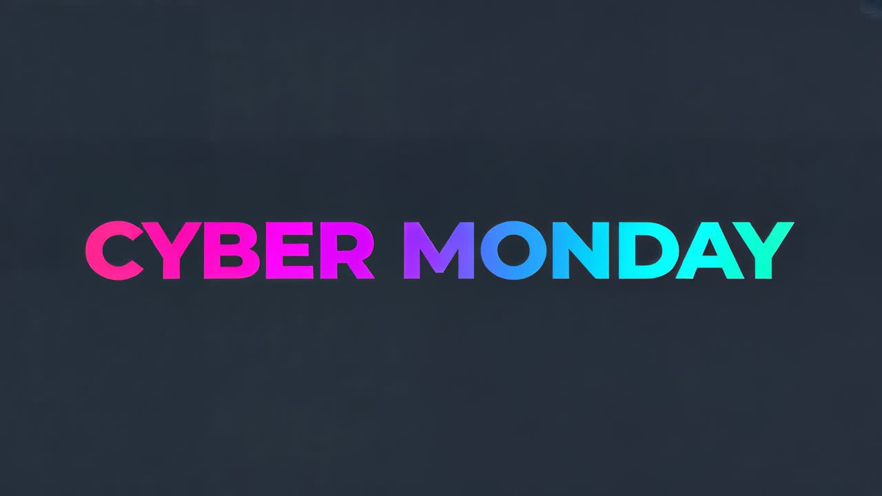 Animating stylized CYBER MONDAY, letters rotating shifting lifting and settling on slate promo card