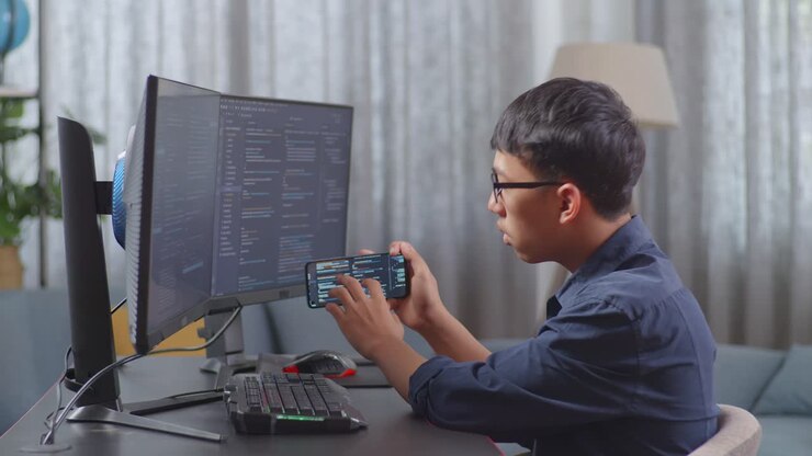 Programmer working at home on a computer with his smartphone