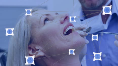 medical icons and network connections animation over woman receiving dental treatment