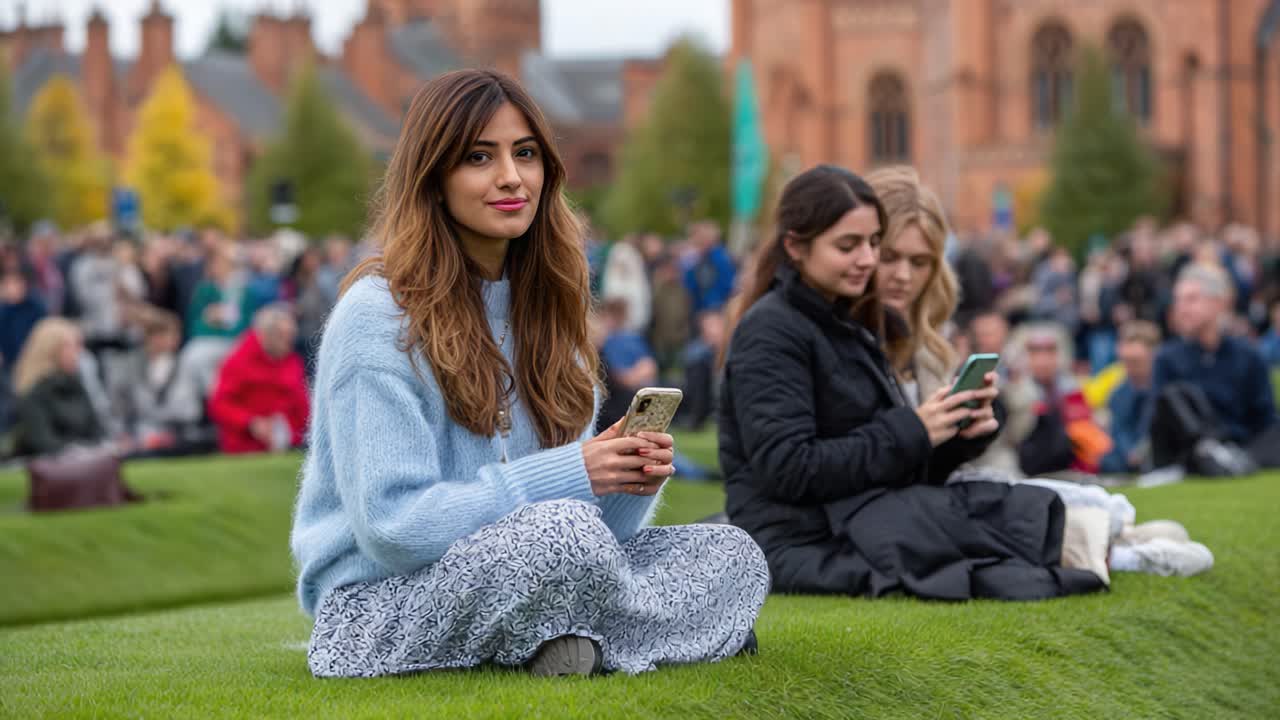 Engaging in Modern Connectivity: A Young Woman Using a Smartphone Surrounded by a Crowd, Capturing the Essence of Digital Interaction Amidst a Lively Outdoor Setting