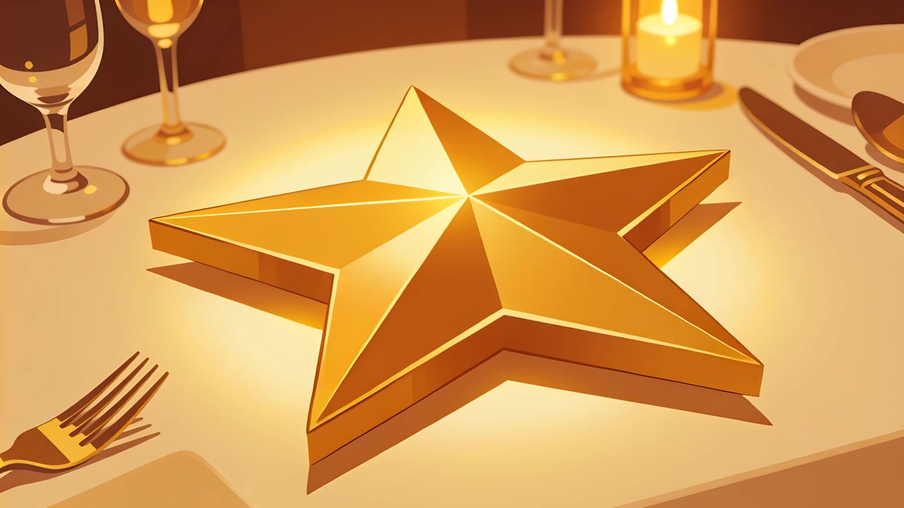 Stella d'oro rotante che si sposta dopo un movimento della telecamera su un tavolo da pranzo, catturando la luce di una candela e riflettendo i bicchieri.
