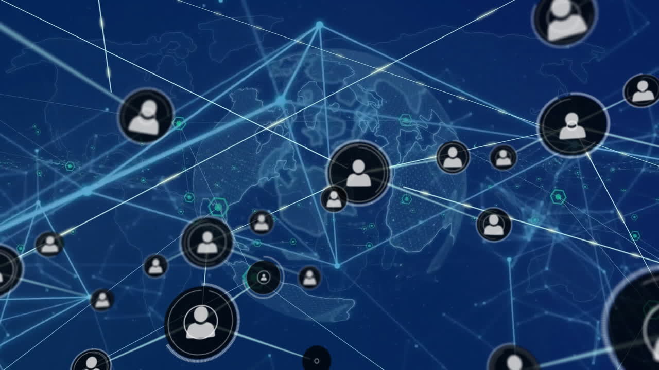 animación de la red de conexiones con iconos en el mapa del mundo y el globo