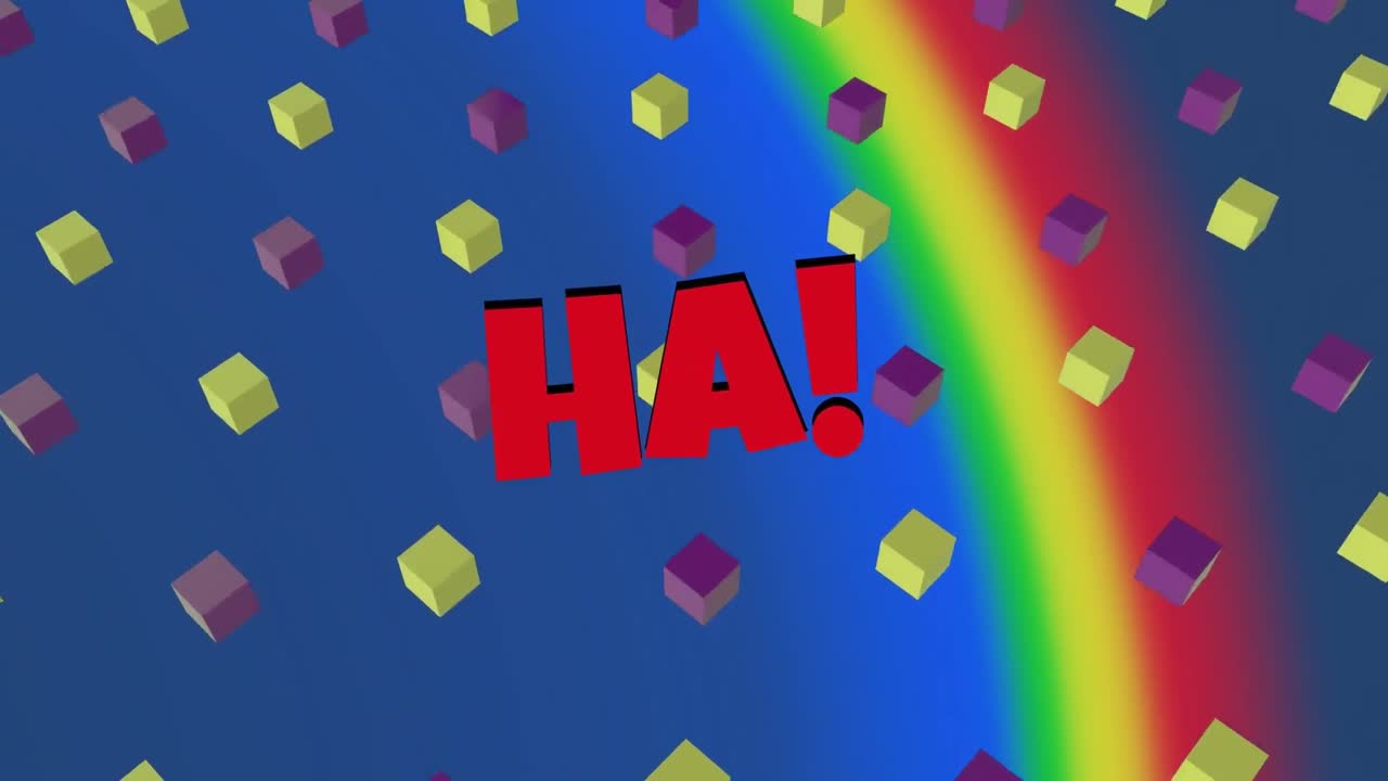 파란색 배경에 다채로운 모양 위에 ha 텍스트의 애니메이션