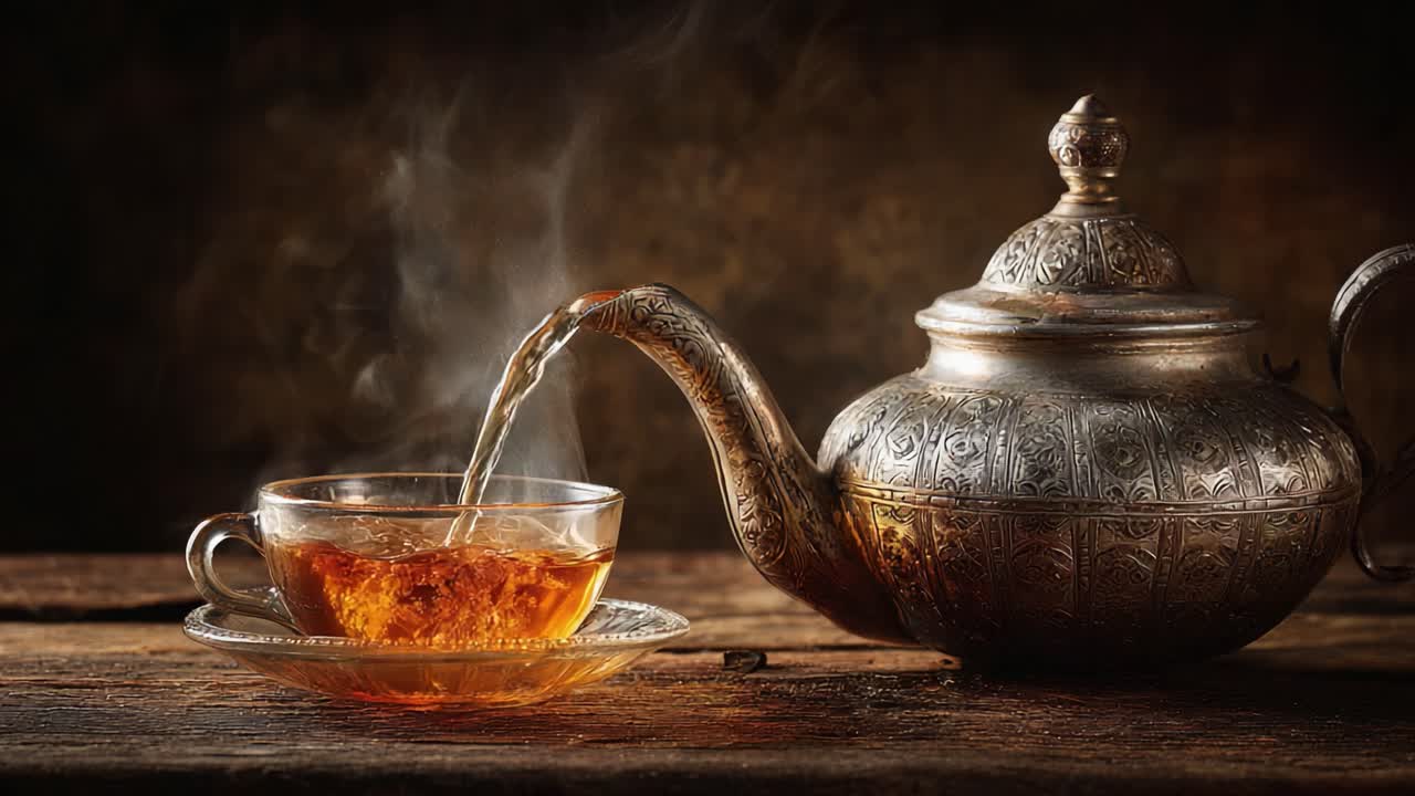 Una teiera finemente lavorata versa tè caldo e fumante in una tazza delicata, incarnando l'eleganza della tradizionale cerimonia del tè in un ambiente caldo e invitante
