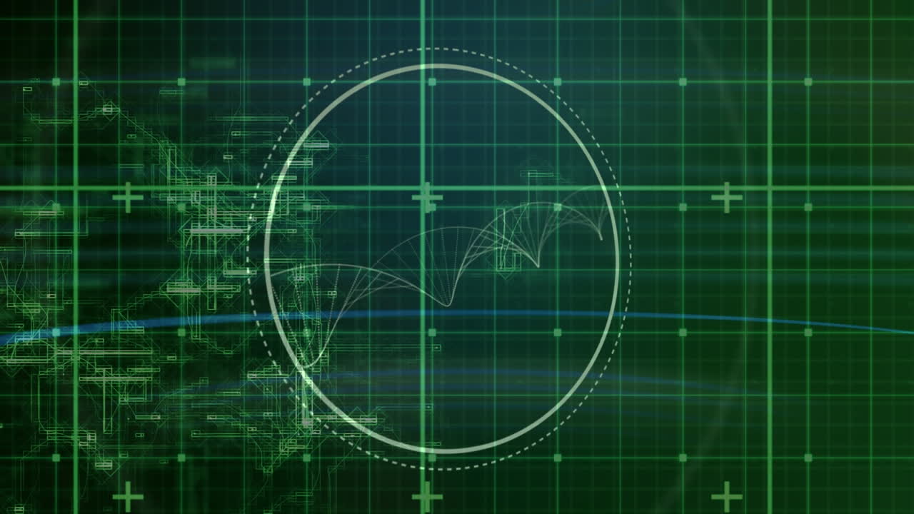녹색 배경에 그리드 네트워크에서 회전하는 dna 구조의 디지털 애니메이션