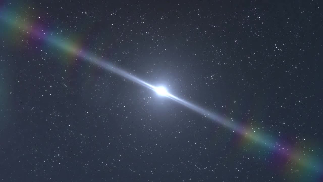 Animazione digitale di un punto luce luminoso e un bagliore lente contro stelle scintillanti nello spazio.