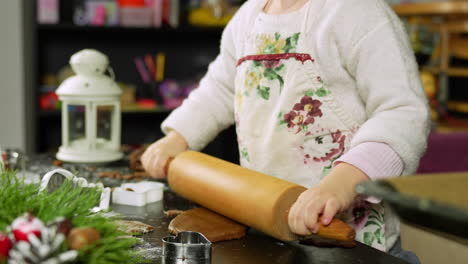 a kid rolls out the dough for gingerbread cookies - close up