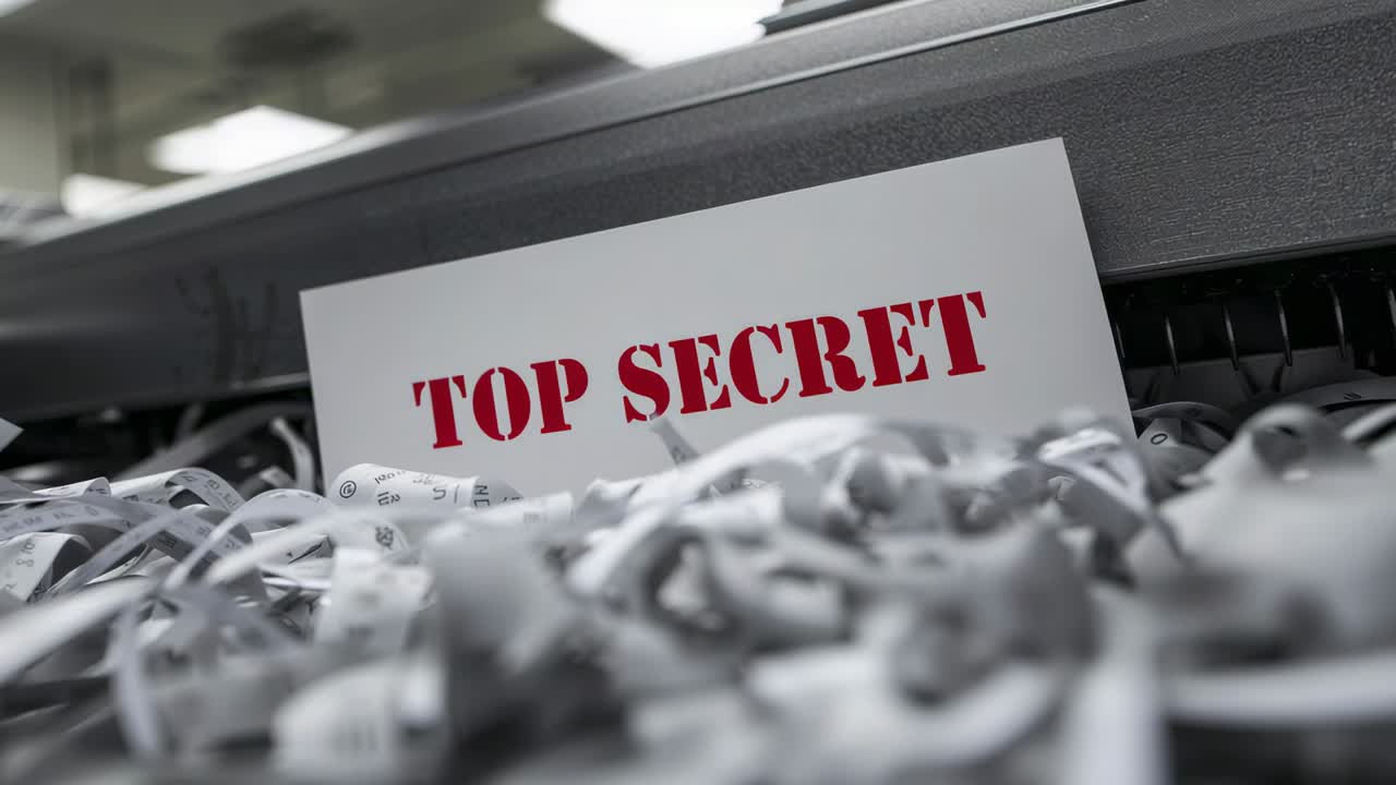 Showing TOP SECRET card in shredder tray at office while machine shredding files, ribbons moving