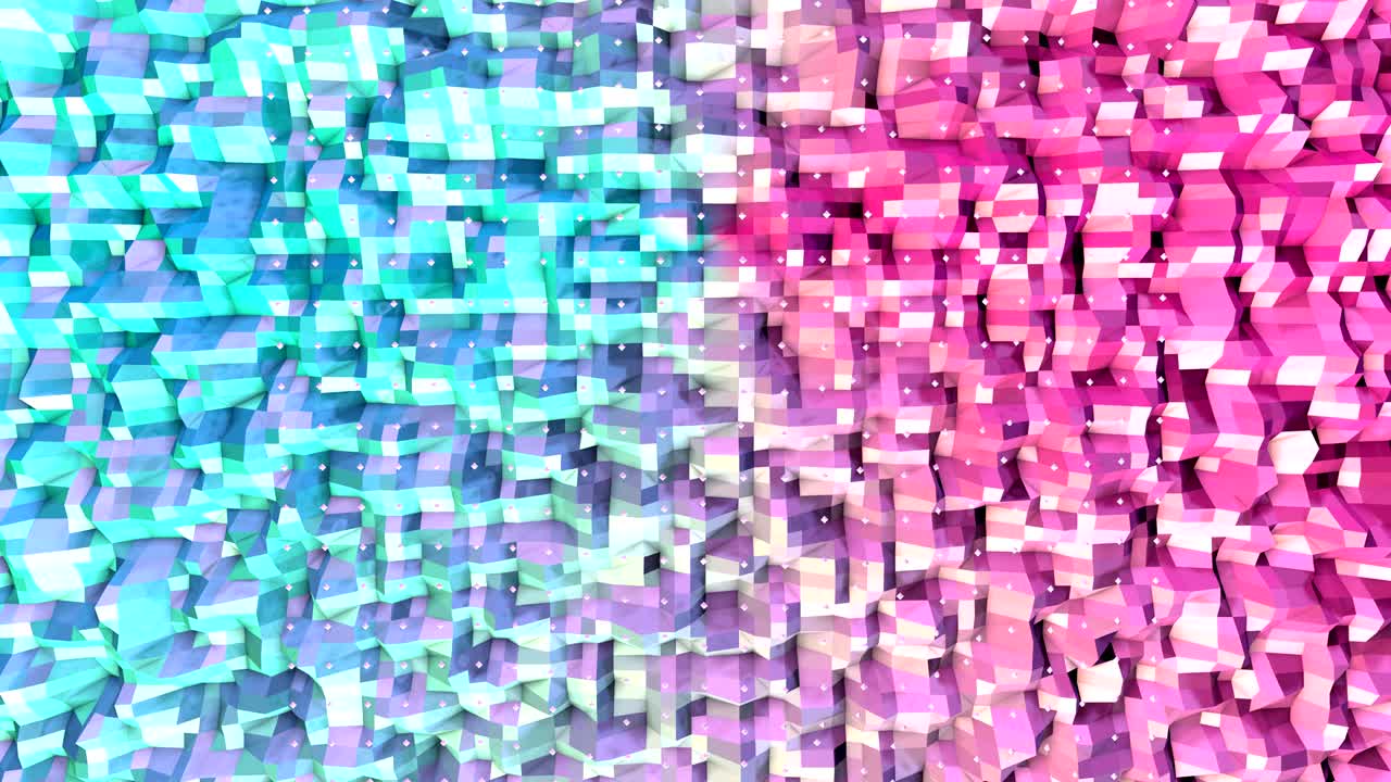 Abstract simple blue pink low poly 3D surface and flying white crystals as dream background. Soft geometric low poly background of pure blue pink polygons. 4K Fullhd seamless loop background.