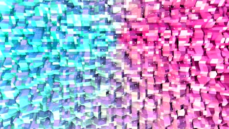 abstracto simple azul rosa baja poli superficie 3d y cristales blancos voladores como fondo de sueño. suave fondo geométrico baja poli de polígonos rosados azules puros. fondo de bucle sin costuras 4k fullhd.