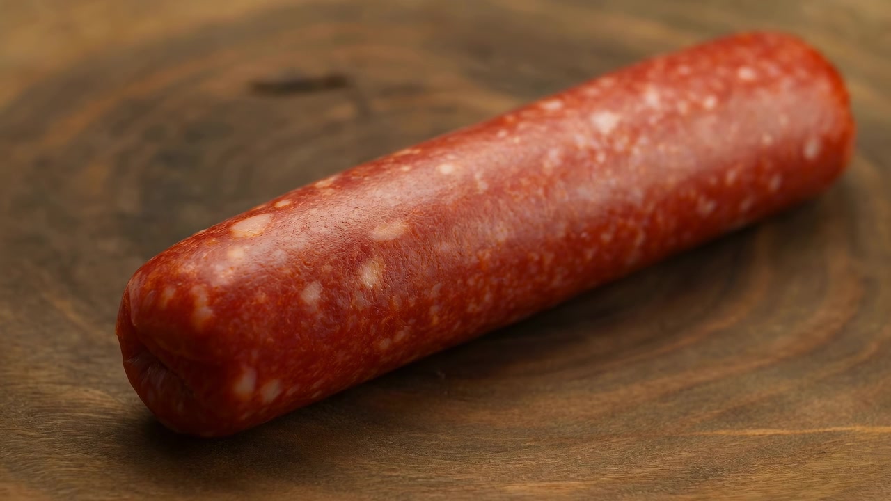 Vista aproximada foca em uma linguiça curada avermelhada deitada sobre madeira ricamente granulada, com detalhes de superfície salpicados, fundo suavemente desfocado, iluminação quente e apresentação simples e centralizada