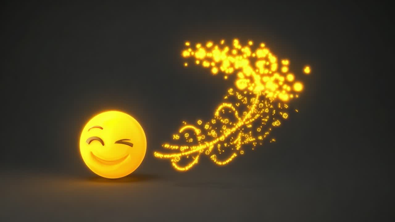 A vibrant yellow smiley face exudes joy and playfulness, leaving a trail of sparkling, magical particles that enhance the whimsical atmosphere and evoke happiness and positivity