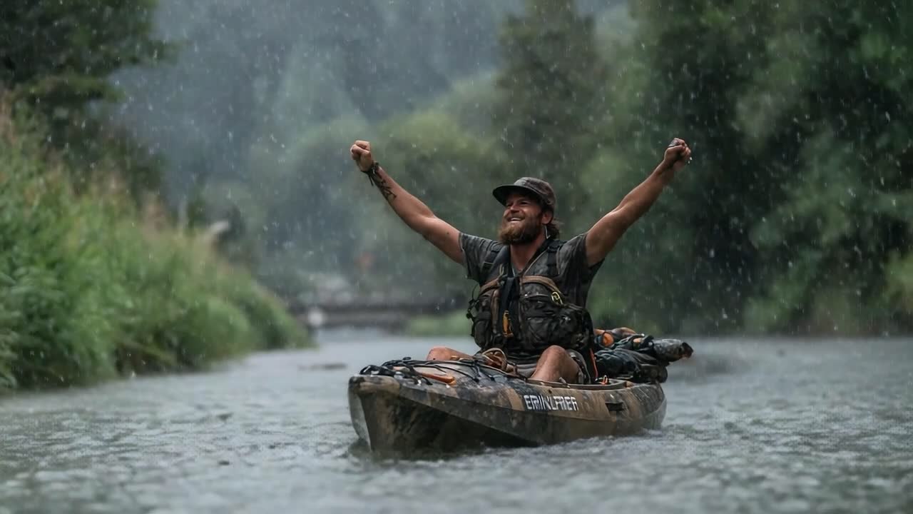 A Kayaker Celebrates Amidst a Rainy Adventure, Embracing Nature's Beauty and Thrill While Paddling Through the Scenic River in a Refreshing Downpour