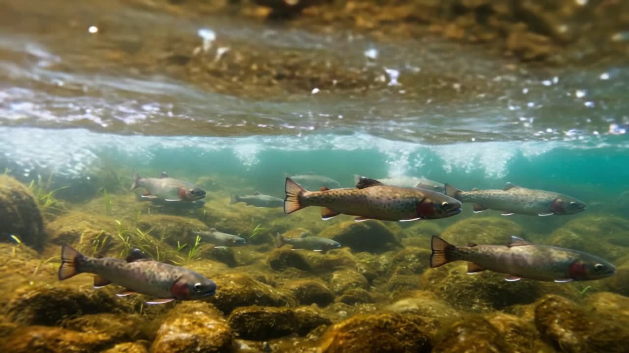 Scena subacquea di trote iridee che nuotano in mezzo a un fondale naturale, mettendo in mostra i loro motivi vivaci e il movimento dinamico in acqua cristallina