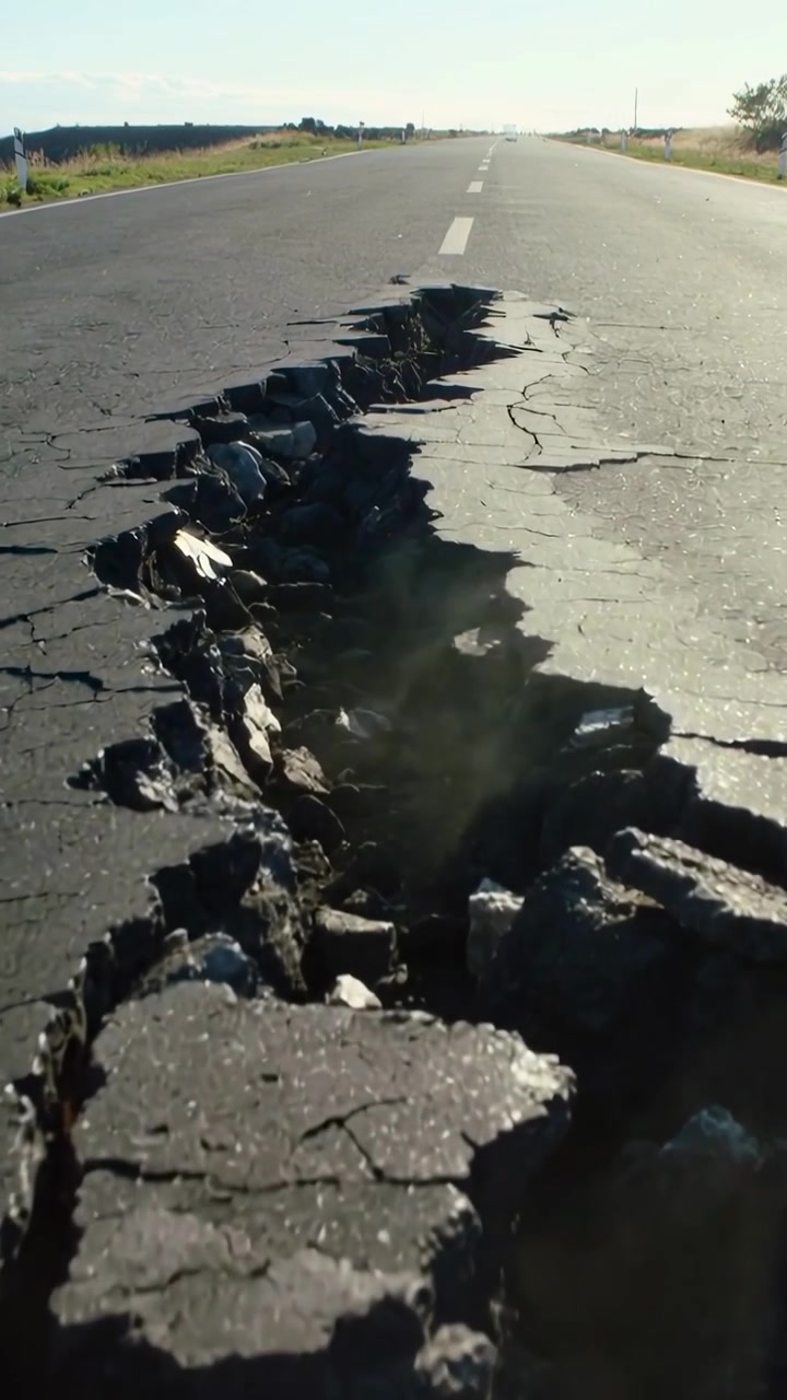 Vertical video: Documenting jagged fissure on two-lane road as camera pulling back, showing rubble