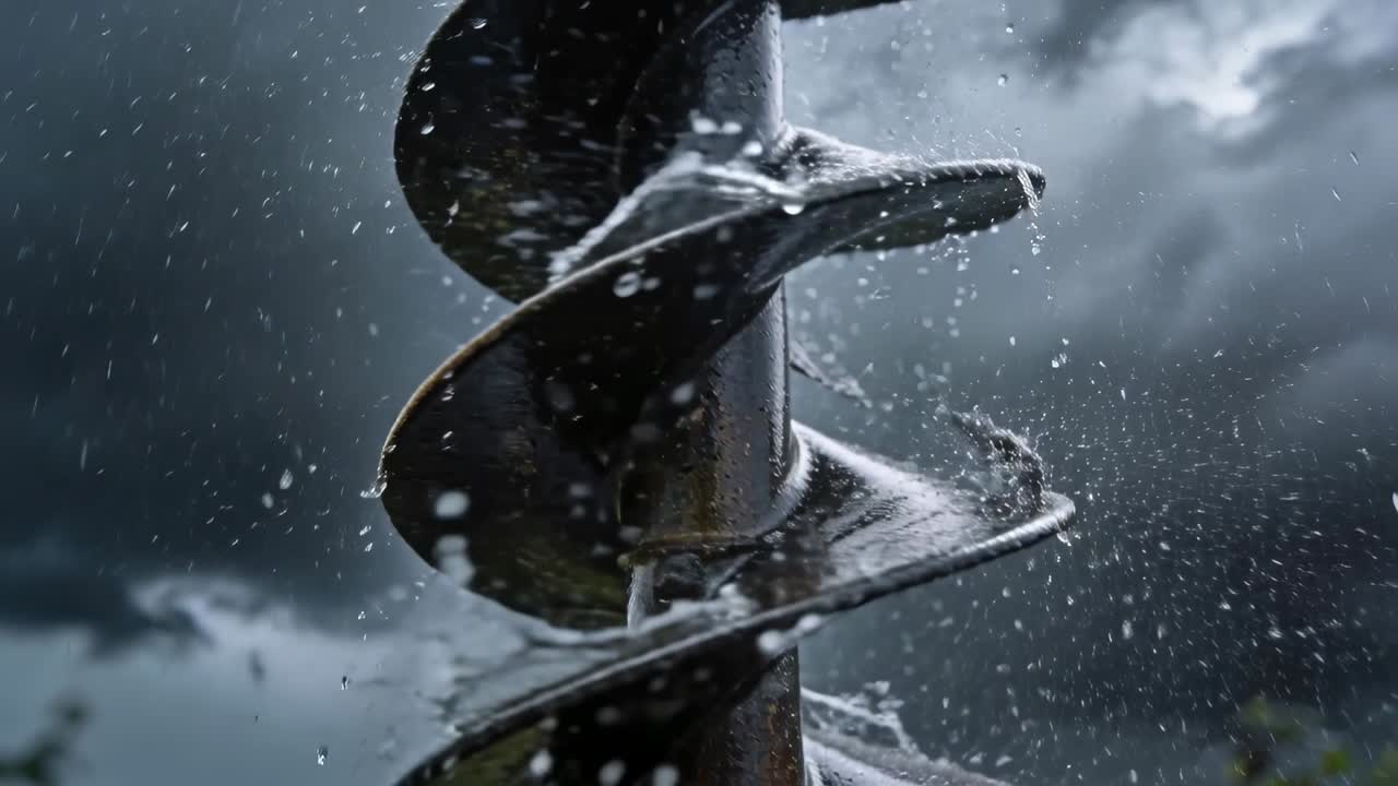 Rotierende metallische Förderschnecke schleudert Tropfen, während Regen unter Gewitterwolken Wasserabfluss auslöst.