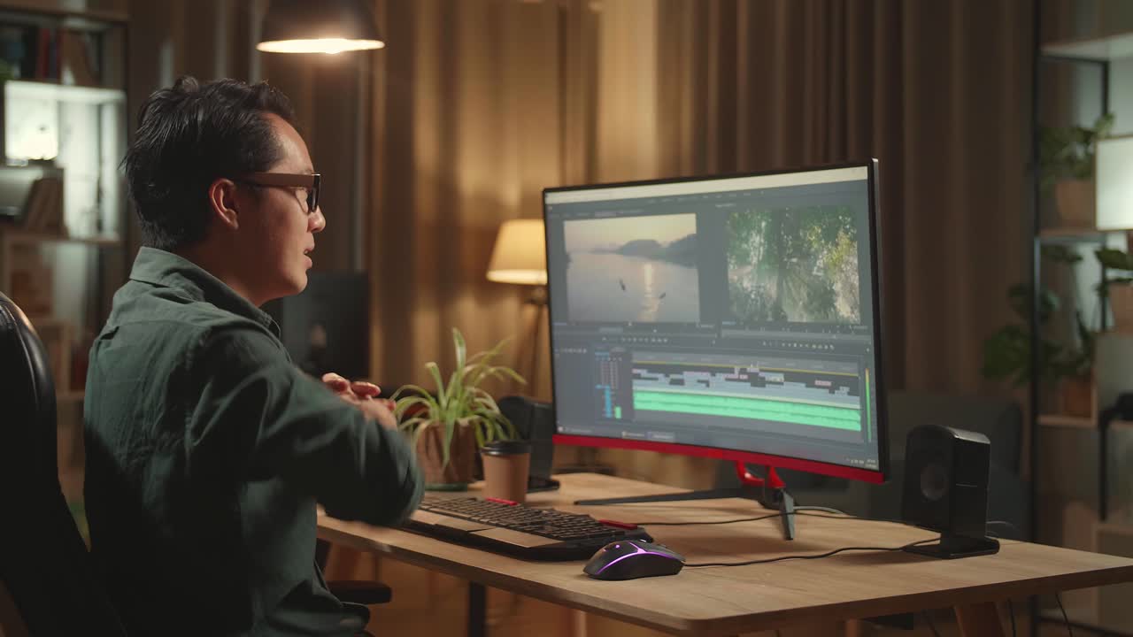 Asian Male Video Editor Stretching While Works With Footage And Sound On His Personal Computer, He Works Late At Night
