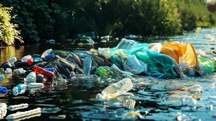 Ripresa video dal basso di un fiume inquinato pieno di rifiuti di plastica, che evidenzia la problematica ambientale